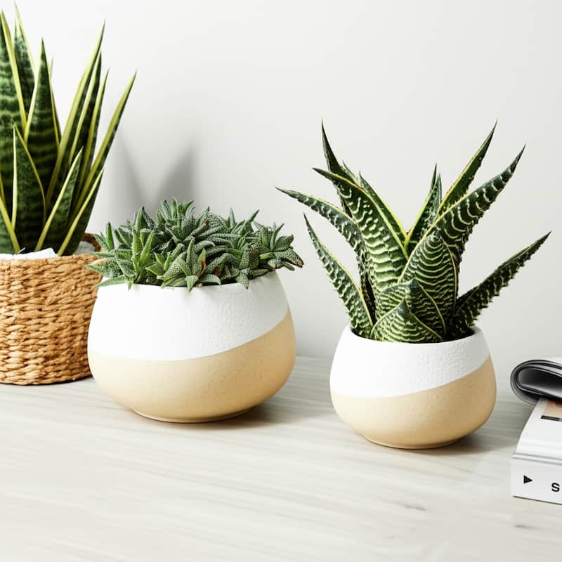 Stoneware Ceramic Planters Two-Tone Design (Set of 2) - 12" x 12" x 8"