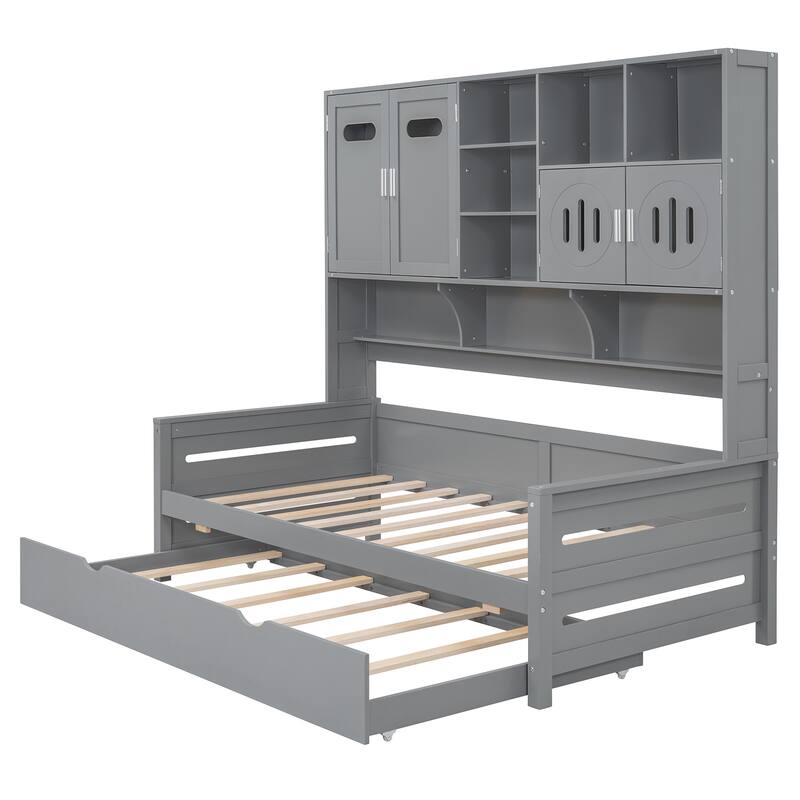 Full Size Wood Daybed with Built-in Storage Cabinet, Open Shelves & Twin Trundle Bed, Space-Saving Multi-Functional Frame