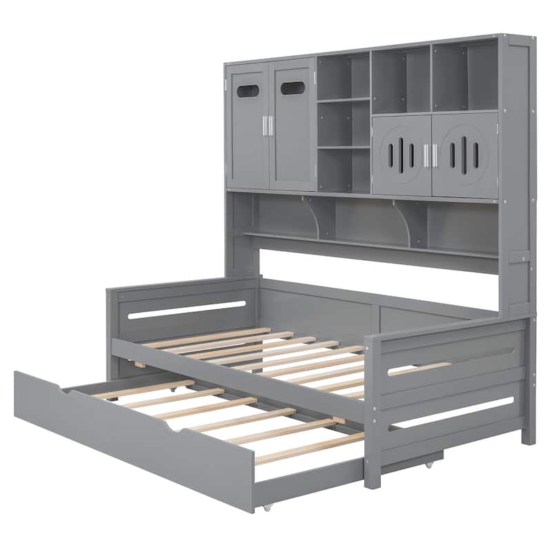 Space-Saving Twin Size Daybed with All-in-One Cabinet, Wooden Platform Bed Frame with Twin Trundle & Shelf, No Box Spring Needed