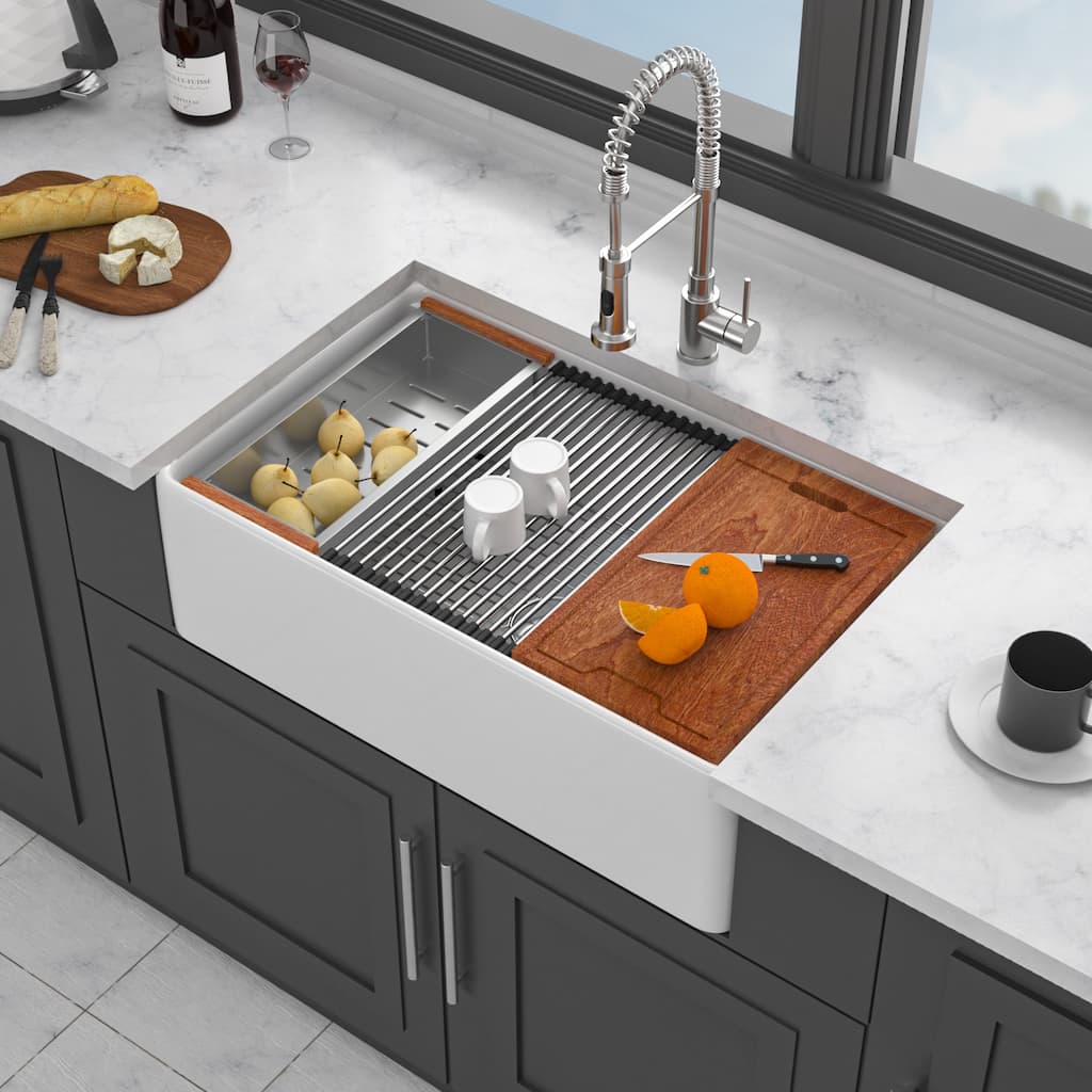 White Kitchen Sink Workstation - 33 x 20 x 10 inch White Porcelain Ceramic Sngle Bowl Kitchen Sink