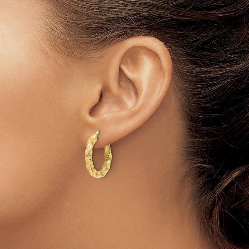 Curata 14k Yellow Gold Polished Twisted and Textured Round Hoop Earrings - 17x20.5mm