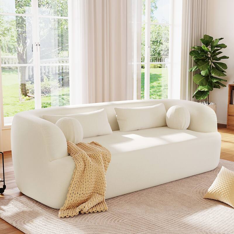 Boneless Couch Beige Upholstered Sofa with Pillows, 3-Seater Sofa Couch Settee Couch for Living Room