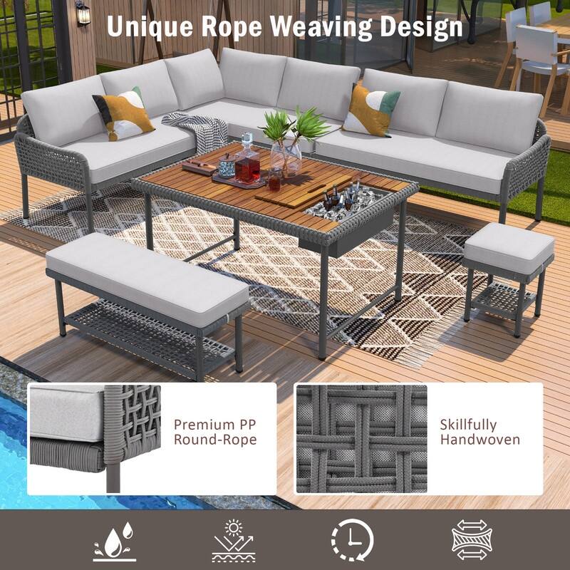 6 Piece Outdoor Sectional Sofa Set with Acacia Wood Table with Ice Box