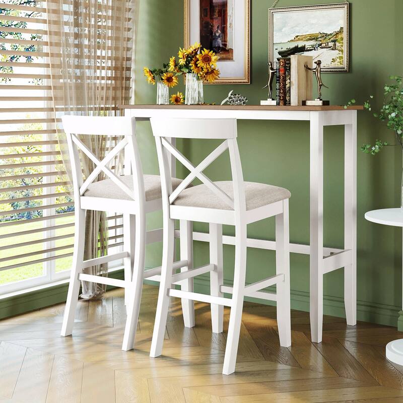Farmhouse 48" Rectangular Wood Bar-Height Dining Set with 2 Chairs - Beige,Brown+White