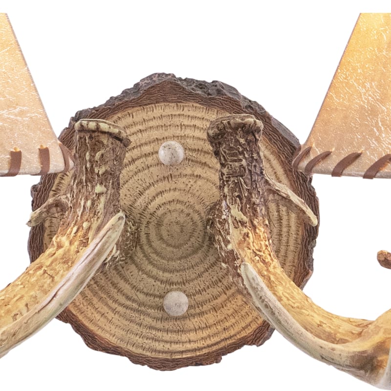 Lodge 2 Light Rustic Wood Antler Armed Wall Sconce Faux Leather Shade - 16.75-in W x 8.25-in H x 9.5-in D
