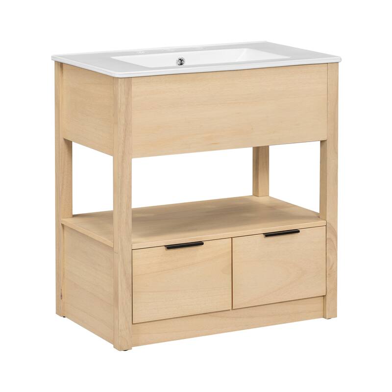30" Bathroom Vanity with Sink Top, Bathroom Cabinet with Open Storage Shelf and Two Drawers, One Package