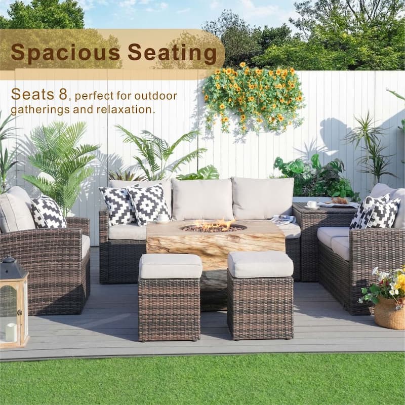 7-piece Patio Wicker Garden Chat Sofa Set with Fire Pit Table and Storage Box