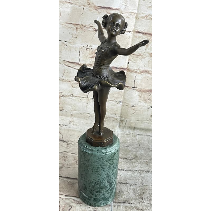 Ballerina Ballet Dancer Young Girl Bronze Figurine Sculpture On Green Marble Base