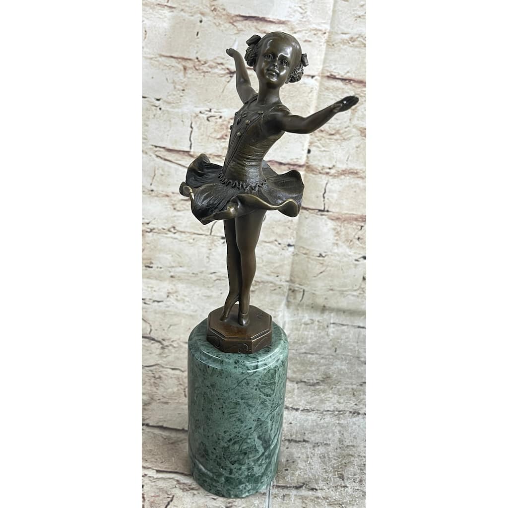 Ballerina Ballet Dancer Young Girl Bronze Figurine Sculpture On Green Marble Base