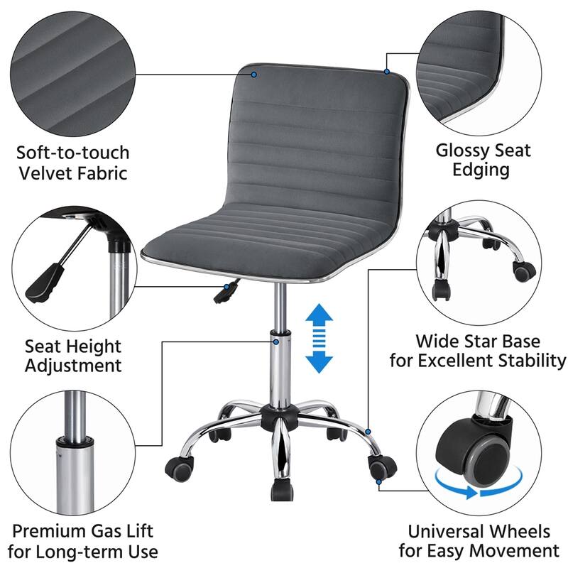 Yaheetech Velvet Low Back Armless Desk Chair Office Chair with Wheels - 19″ L × 19″ W × (31-37)″ H