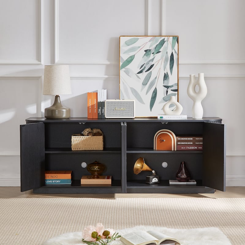 Wave Pattern Storage Cabinet, Stylish Wooden Sideboard with Pressed Spring Door