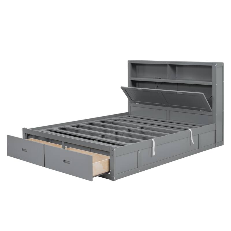 Wood FullSize Hydraulic Platform Bed w/LED Headboard, Charging Station