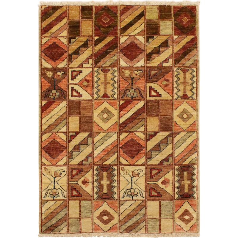 Rustica Mosaic Gabbeh Hand-Knotted Wool Area Rug - 3'0'' x 4'10'' - Beige/Rust/Black/Brown