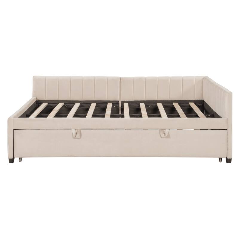 Roomfitters Full L-Shaped Upholstered Daybed with Twin Pop-Up Trundle, Modern Platform Design