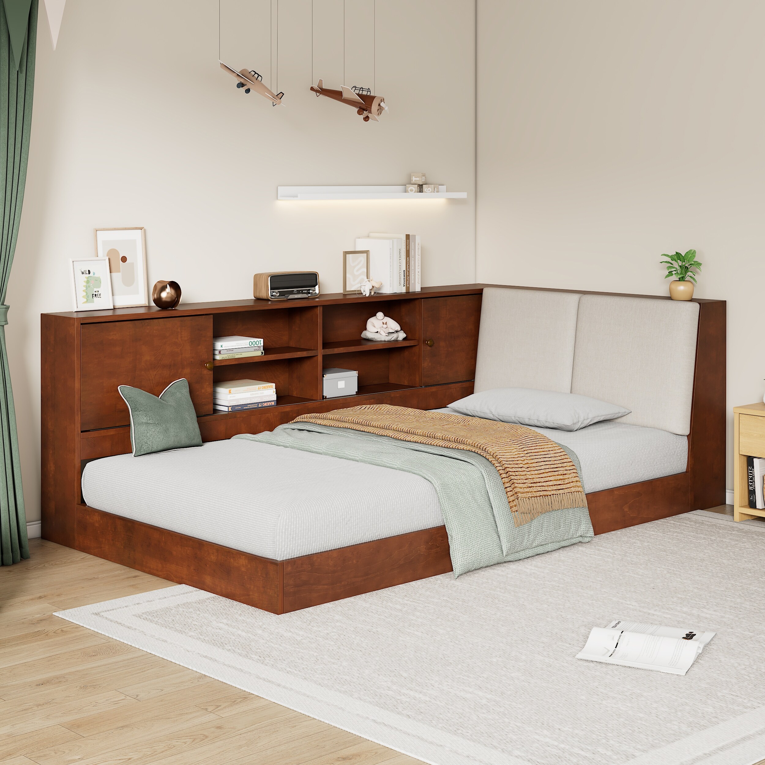 Wooden Floor Corner Bed with Storage Bookcase Upholstered Headboard and USB Charging Ports Twin Size Walnut Bed Bath Beyond 42298555