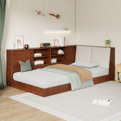Wooden Twin Size L-Shaped Daybed Floor Corner Bed With Storage Bookcase