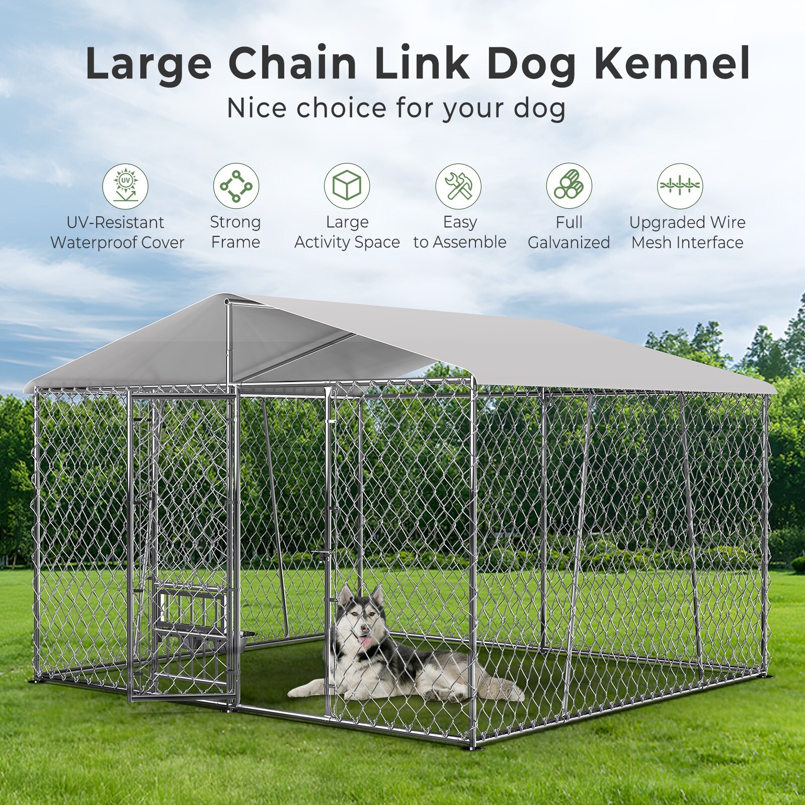 Outdoor Dog Kennel with Roof and Bowls, Large Dog House Pen Enclosure with  Sidebar - Overstock - 40544795