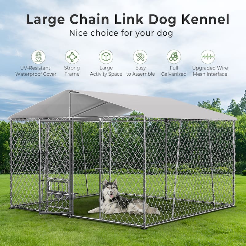 Outdoor Dog Kennel with Roof and Bowls, Large Dog House Pen Enclosure with Sidebar