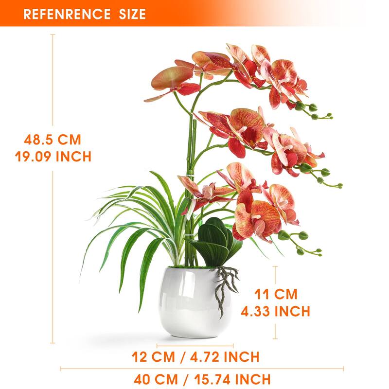 Artificial Orchid Plants and Flowers with Vase, Fake Faux Orchid in Ceramic Pot,19", Orange