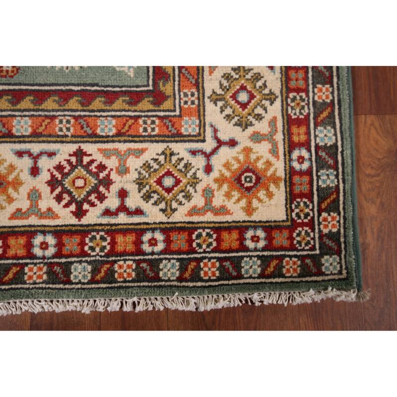 Hand Knotted Oriental 100% Wool Carpet Traditional Geometric Green Kazak Area Rug - 5' 10'' X 3' 11''