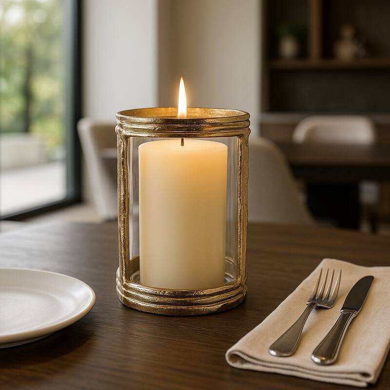 Aluminum Glass Pillar Holder Sculpted Organic Frame Handcrafted Detail