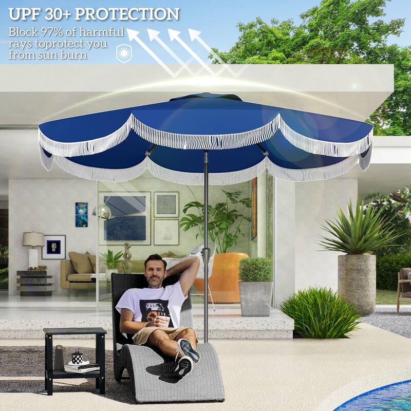 8.8 Foot Outdoor Patio Umbrella with UPF 30+ Tiltable Canopy Hand Crank Vented Top Eight Ribs - 8.8' x 7.8' H