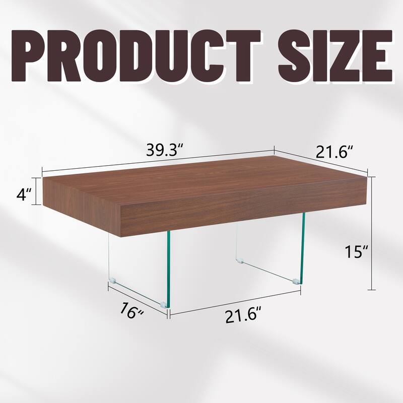 Walnut Colored MDF Coffee Table - 39.3"x21.6" with Tempered Glass Legs.Density Board Sticker,Reinforced Glass Legs.Walnu