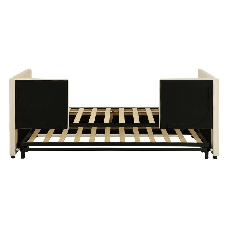 Beige Twin Daybed with Upholstered Finish and Pop-Up Trundle - No Box Spring Required