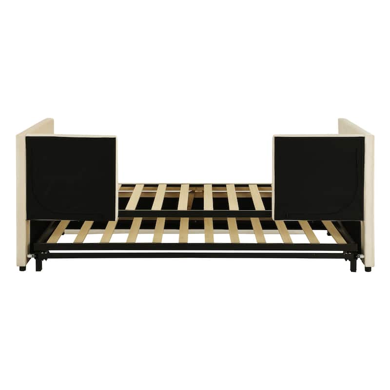 Beige Upholstered Twin Size Daybed with Pop Up Trundle, Multi-Functional Design
