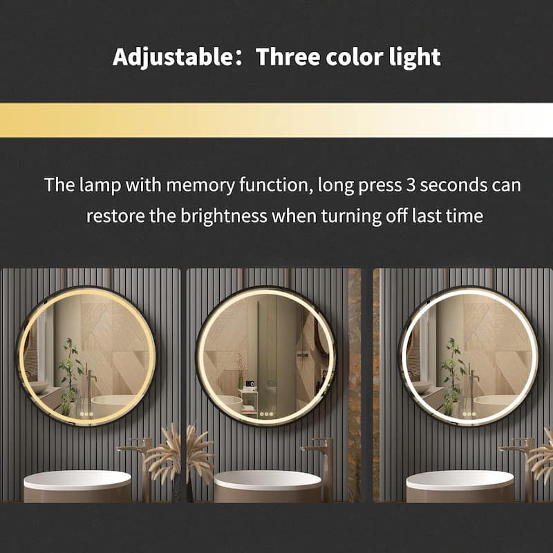 Black Metal Frame Round Mirror with LED Lights Bathroom