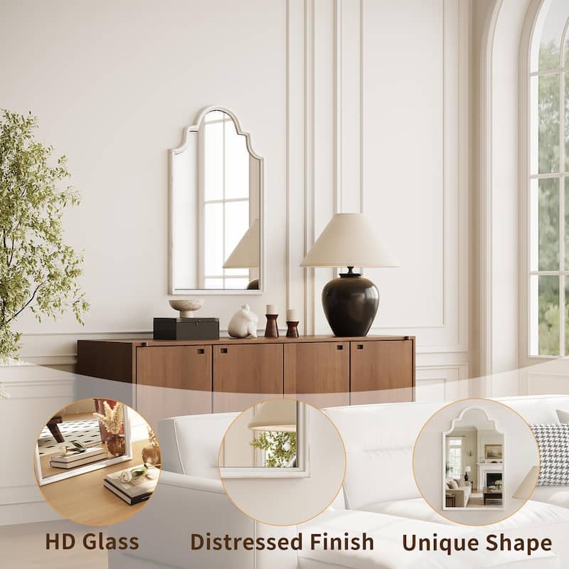 Farmhouse Distressed White Arch Wood Wall Mirror