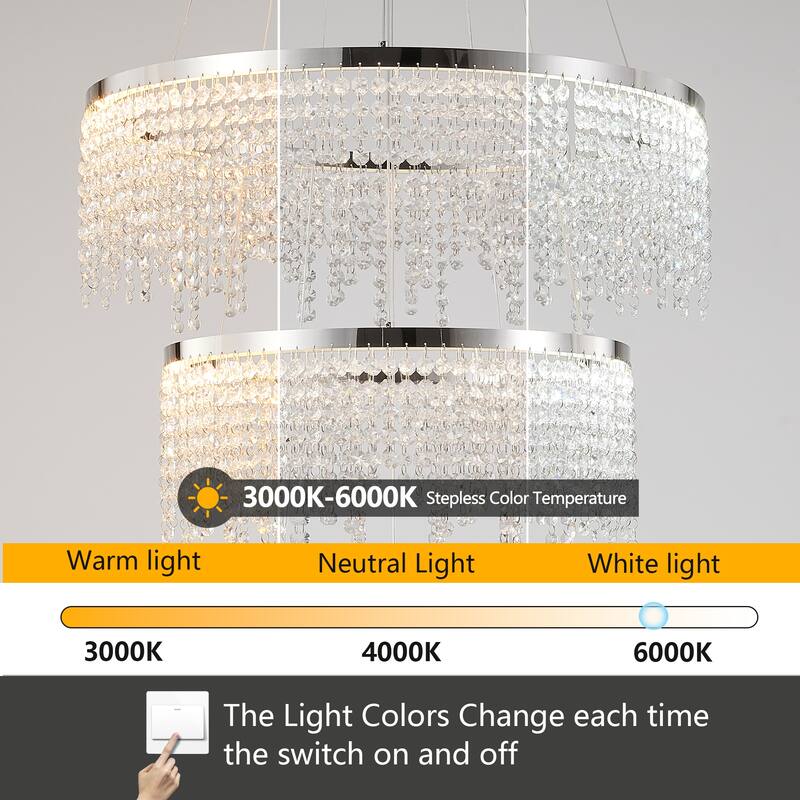 24-inch Crystal Chandelier LED Ceiling Lamp, Adjustable Color Temperature 3000K/4000K/6000K, Height Adjustable - Chrome