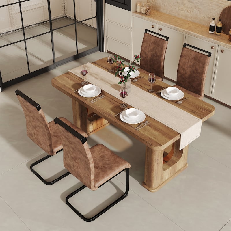 5-Piece Wood Textured Dining Table Set with U-shaped Table Legs, Chairs with Arched Black Legs, Curved Backrest