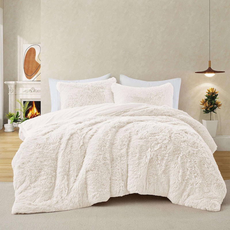 Fluffy Shaggy Reversible Faux Fur Comforter Set, Fuzzy Plush Bedding Set - Cream - King