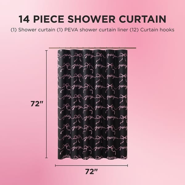 dimension image slide 2 of 3, Juicy Couture 14-Piece Shower Curtain Set (Shower Curtain, PEVA Liner, and 12 Metal Hooks)