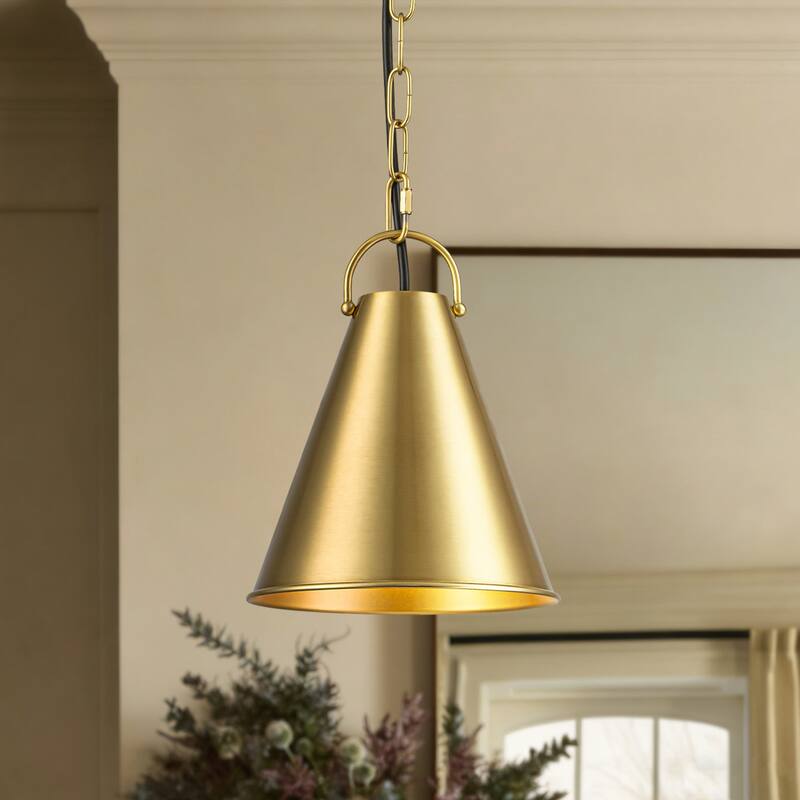 7.3" 1-Light Retro Brass Finish Pendant Light with Cone Shade for use in Bedroom, Kicthen Island - 7.3 in. W x 8.7 in. H x 7.3 in. D - Gold