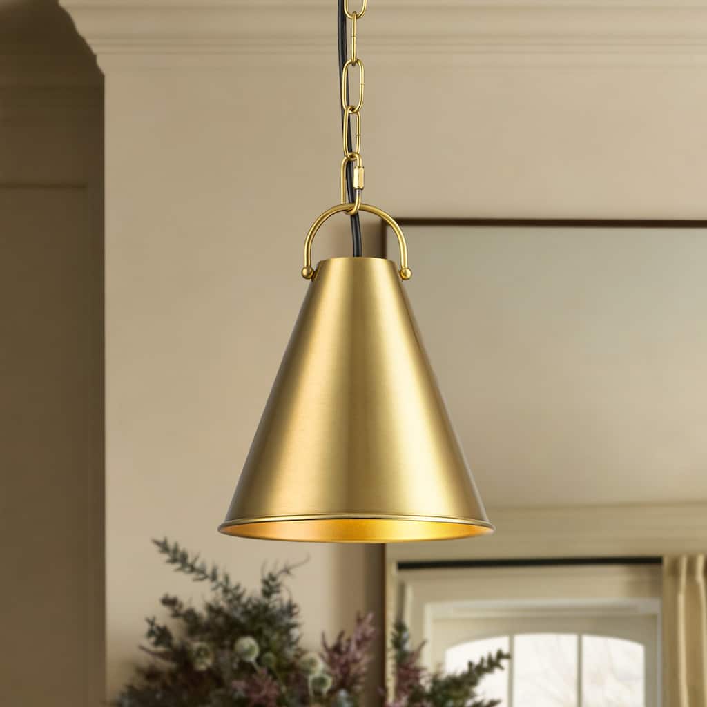 7.3" 1-Light Retro Brass Finish Pendant Light with Cone Shade for use in Bedroom, Kicthen Island