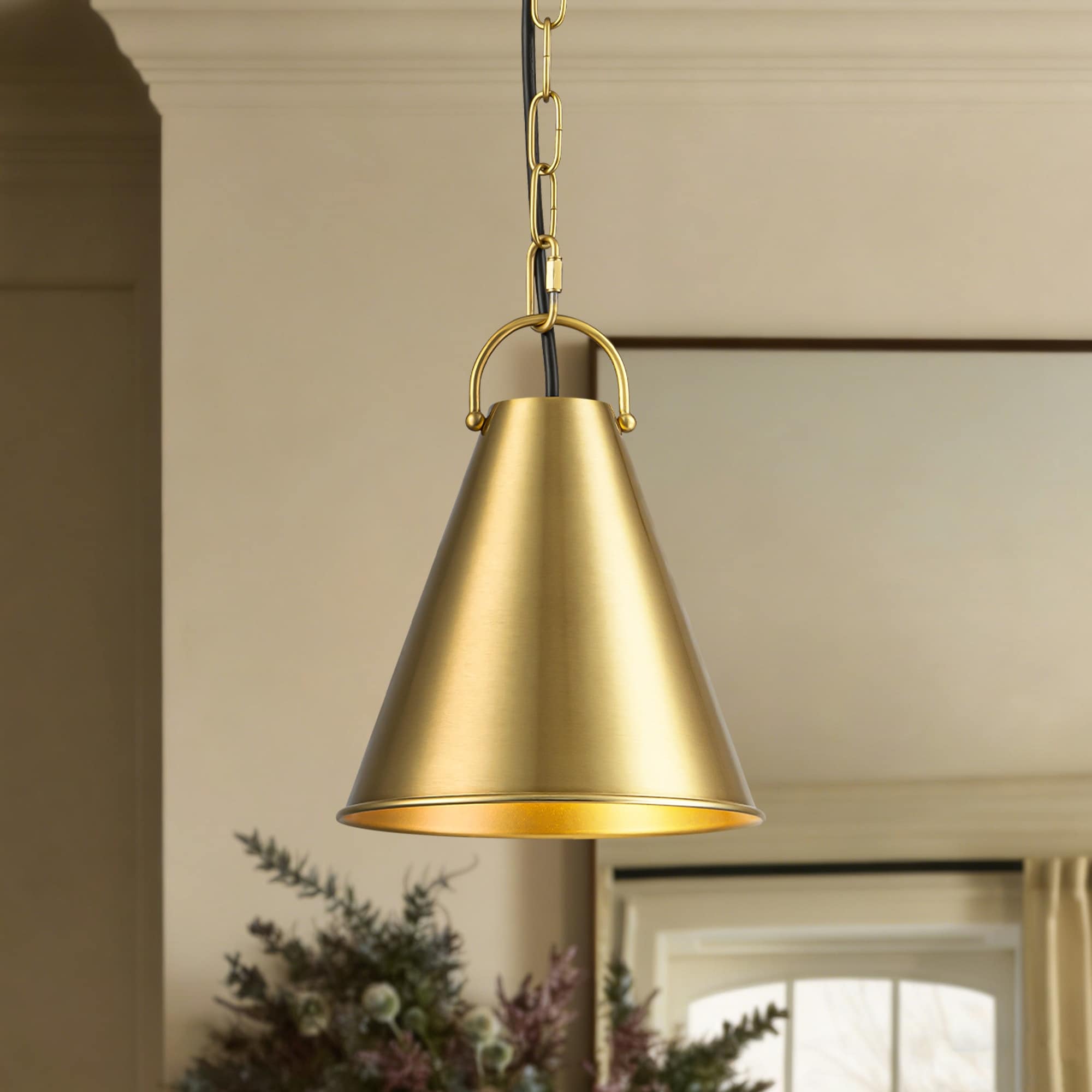 7.3" 1-Light Retro Brass Finish Pendant Light with Cone Shade for use in Bedroom, Kicthen Island