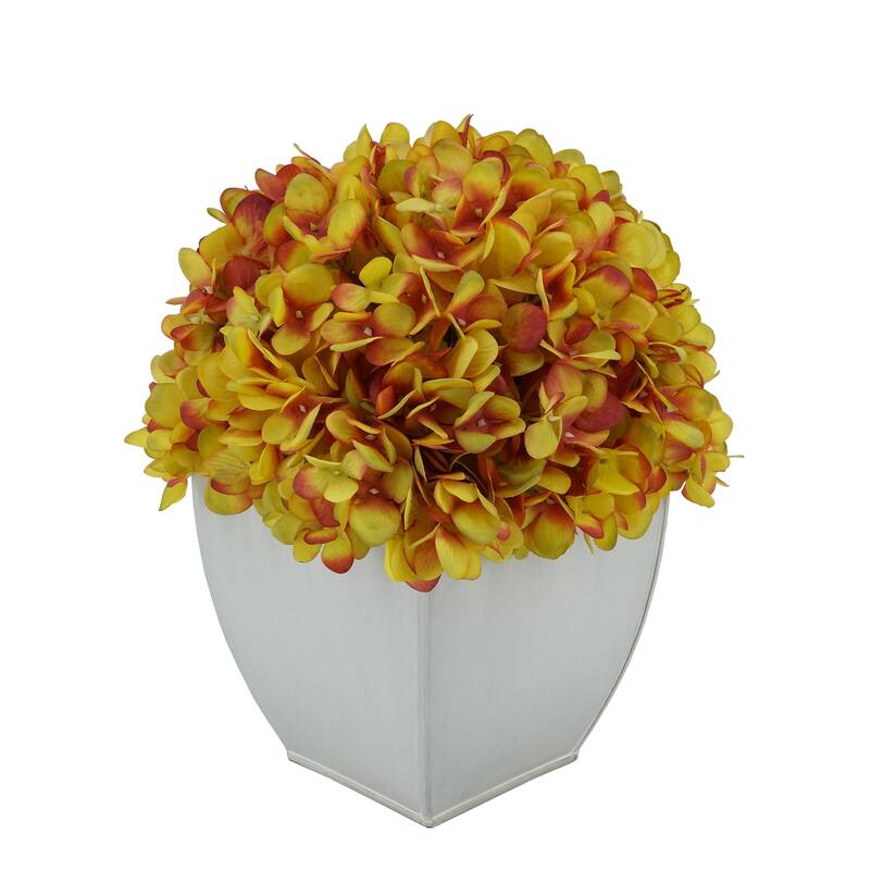 Faux Hydrangea in Cream Tapered Zinc Cube - Gold