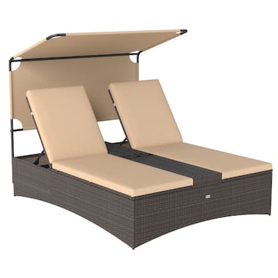 Mix Brown PE Rattan Outdoor Daybed with Cushions and Adjustable Canopy - 75.5" × 59" × 61"