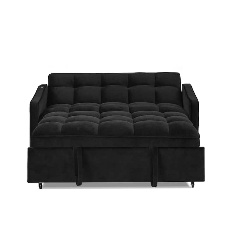 53" Foam Adjustable Loveseat Sofa Bed with Pull-Out Bed, USB/Type-C Charging, Copper Nail Trim, and Arm Storage Pockets