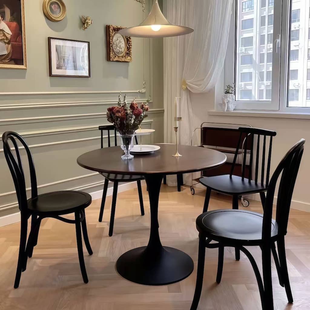 Round Table, 31.5" Modern Dining Table, Dining Table,MDF Top and Steel Base Tulip Round Kitchen Table,Kitchen Table - Walnut