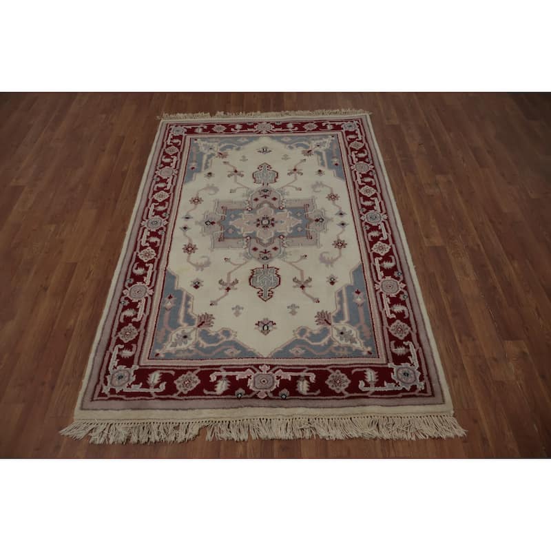 Hand Knotted Oriental 100% Wool Carpet Traditional Floral Beige & Ivories Heriz Area Rug - 6' 2'' X 4' 0''
