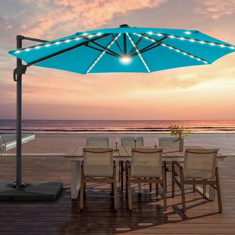 LIVOOSUN 11FT LED Round Patio Cantilever Umbrella With a Base