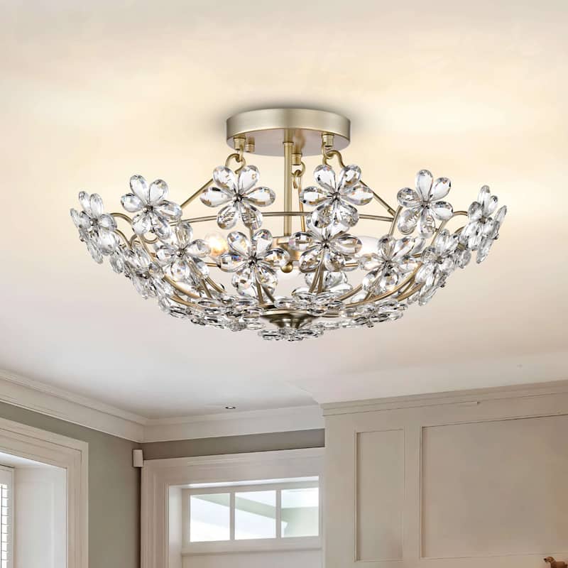 Rosa Glam 3-Light 20" Daisy Crystal Glass Flower Blossom Flush Mount - Brushed Silver-ish Champagne