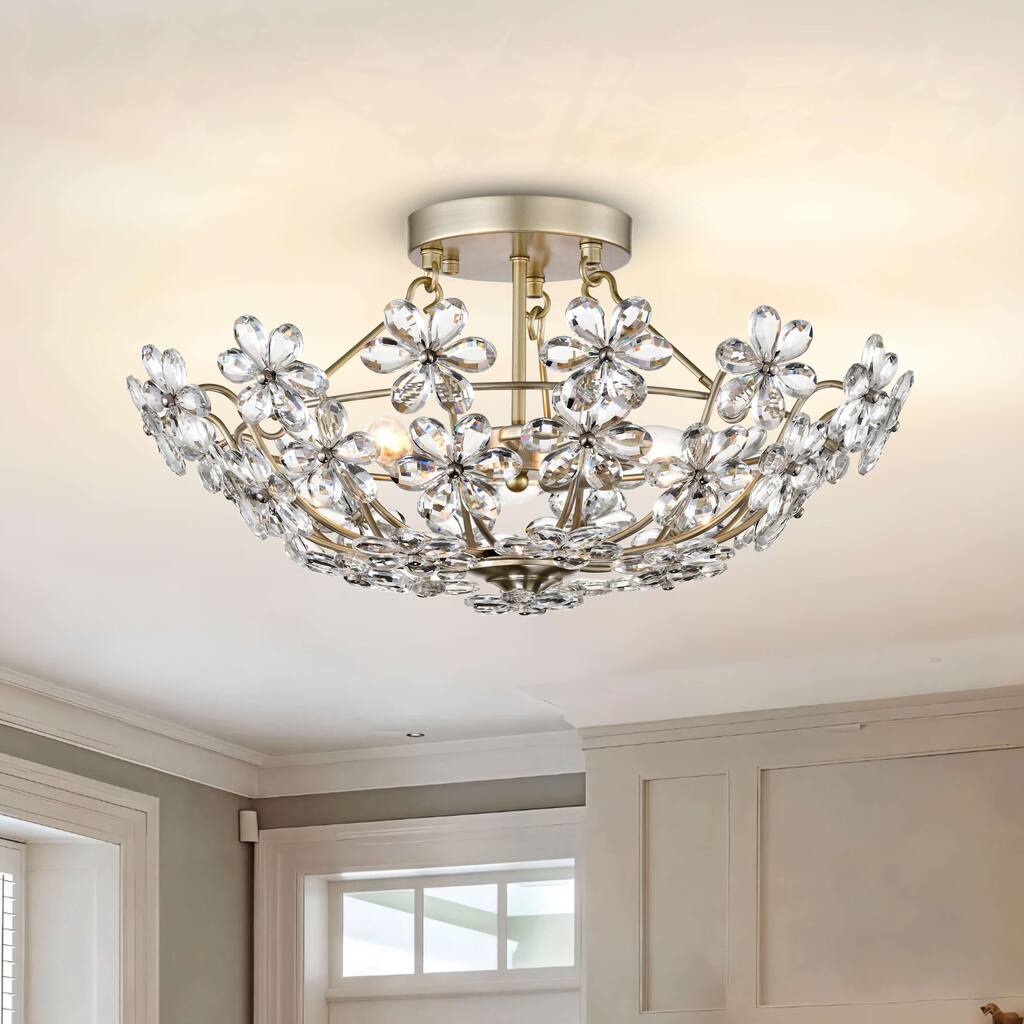 Rosa Glam 3-Light 20" Daisy Crystal Glass Flower Blossom Flush Mount - Brushed Silver-ish Champagne