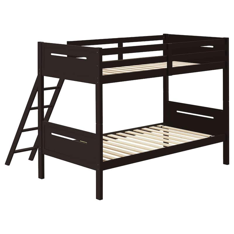 Modern Twin/Twin Bunk Bed with Angled Ladder and Guardrails