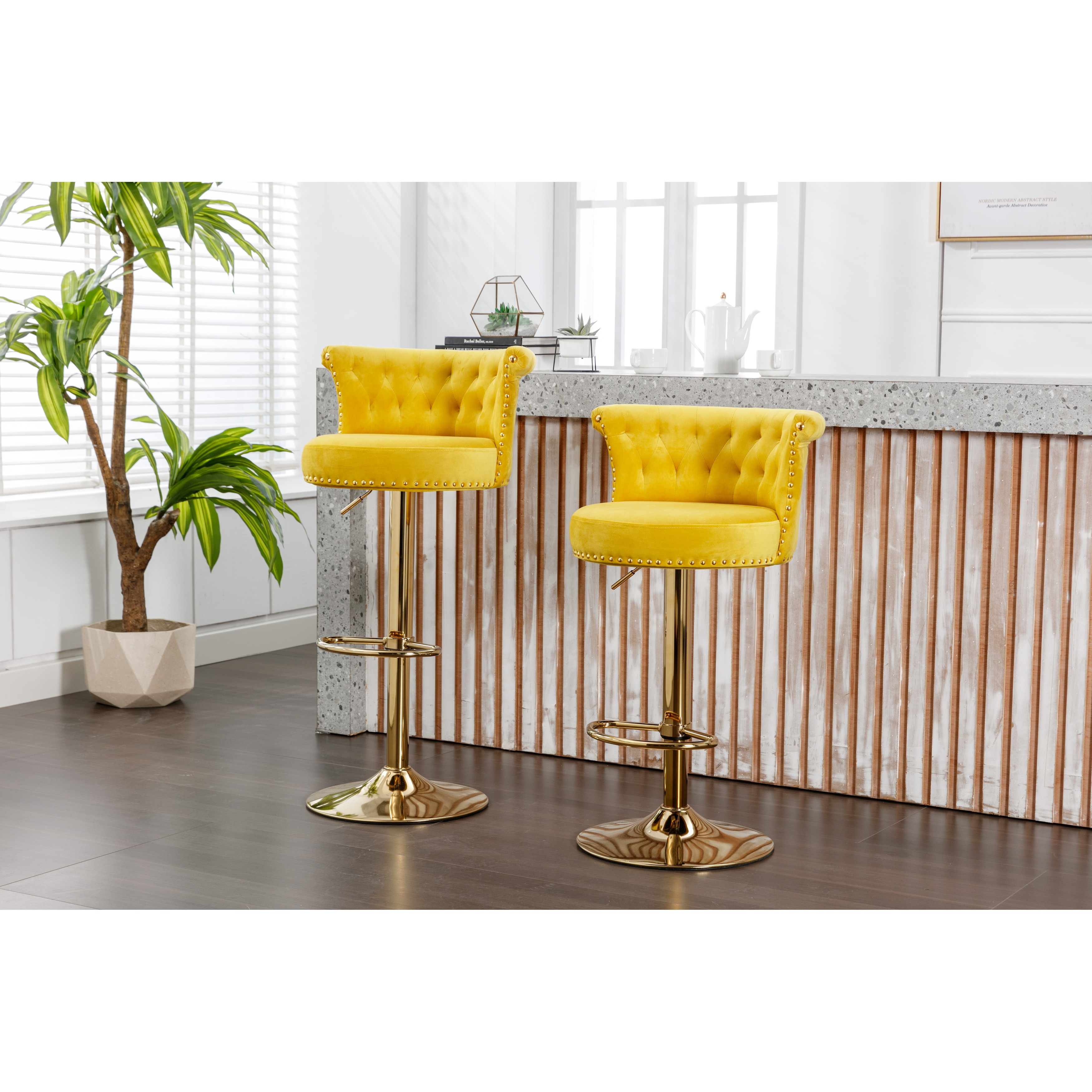 Swivel Bar Stools Set of 2 Adjustable Counter Height Chairs w Footrest and Nailhead Trim for Dining Room Lounge Stools Yellow
