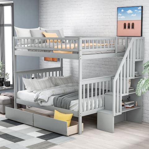 Full over Full Bunk Bed with 2 Storage Drawers and 3-Tier Shelf Staircase Ladder, Gray