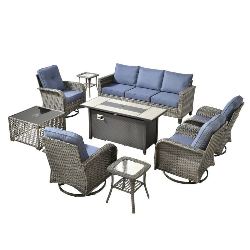 HOOOWOOO 9-piece Grey Wicker Outdoor Fire pit Set with Swivel Chairs